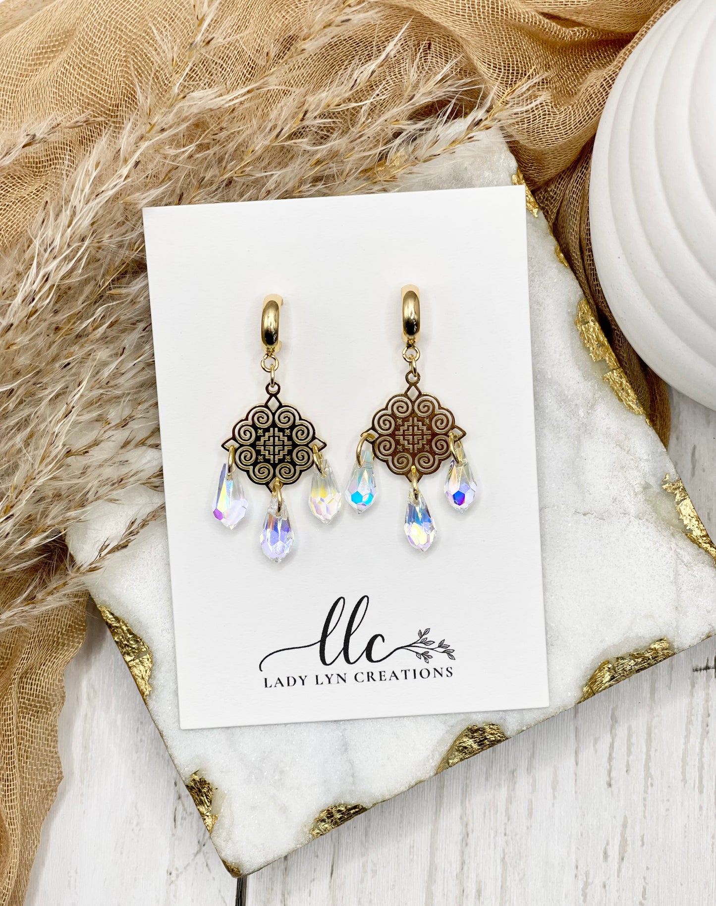 Hmong Gold Elephants Footprint Hollow Crystal Teardrop Earring