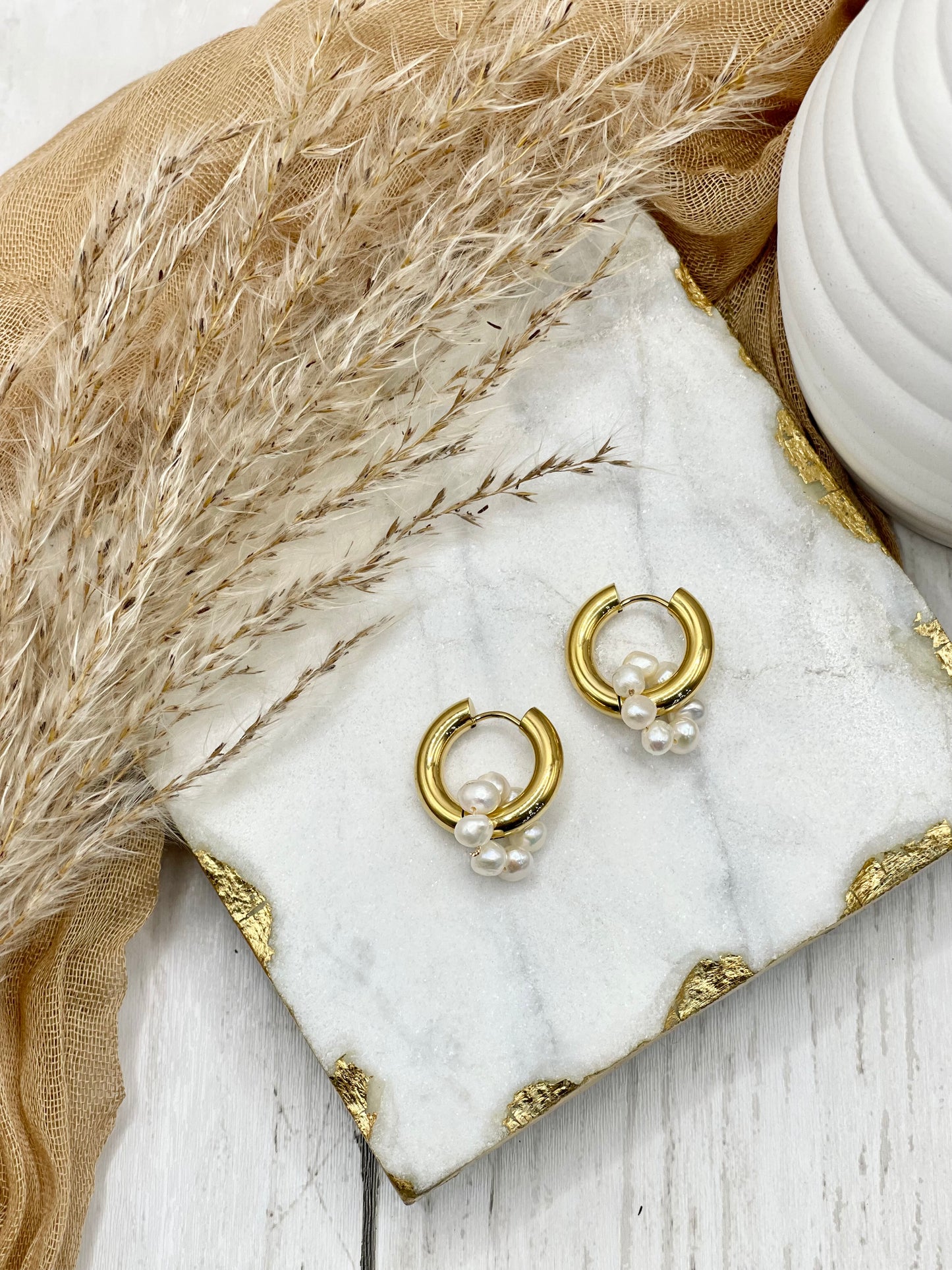 Gold Pearl Flower Drop Hoop Earring