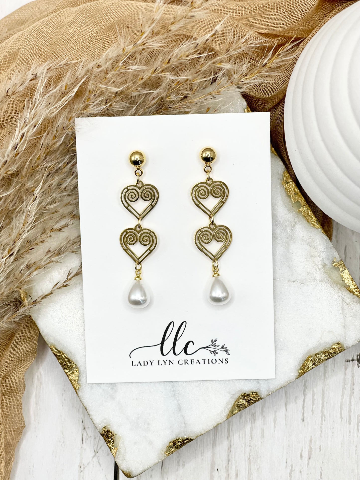 Hmong Gold Hollow Heart Pearl Earring