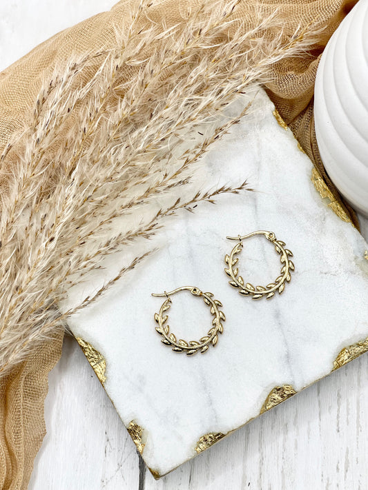 Gold Leaf Hoop Huggie Earring