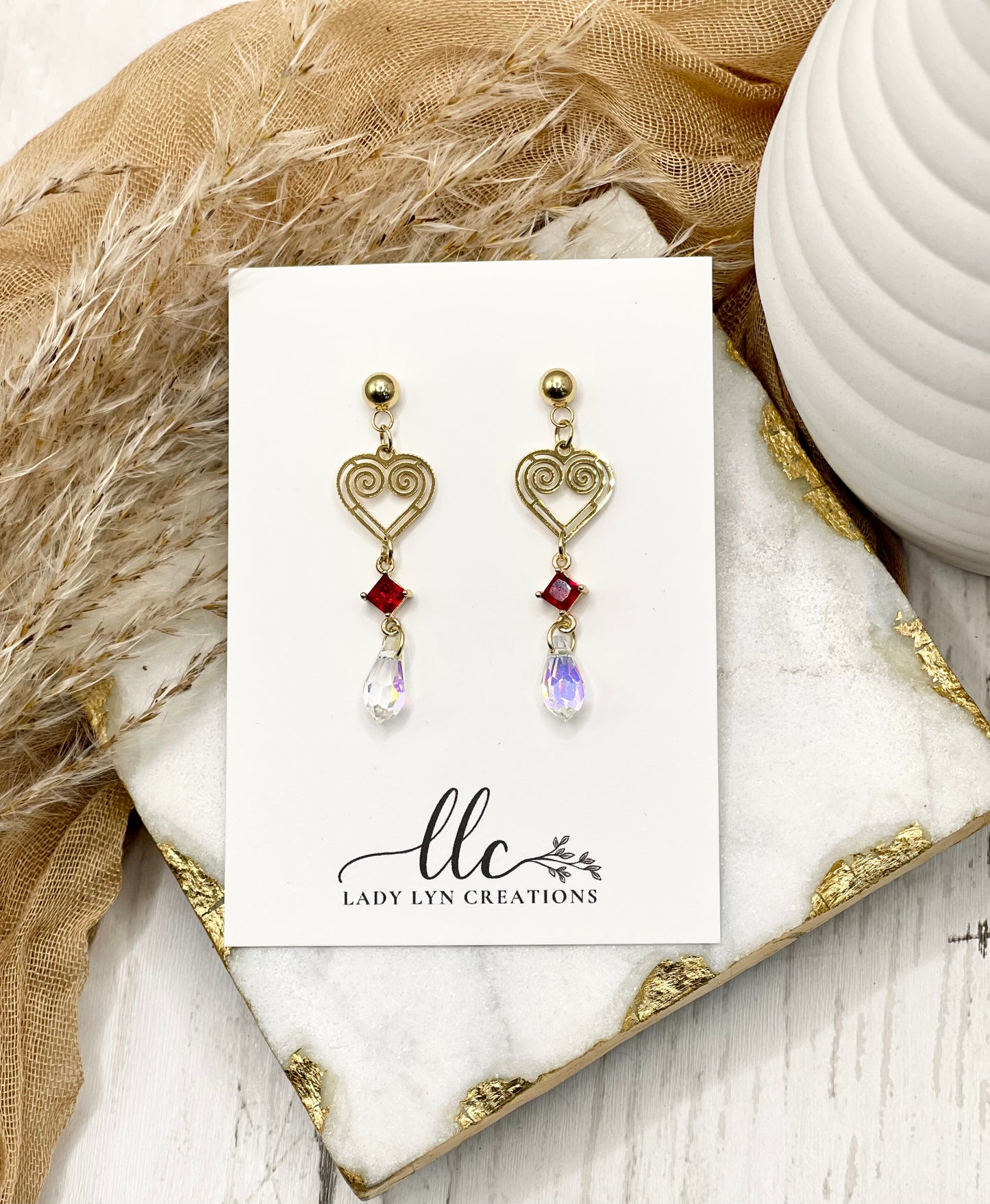 Hmong Gold Hollow Heart Teardrop Earring