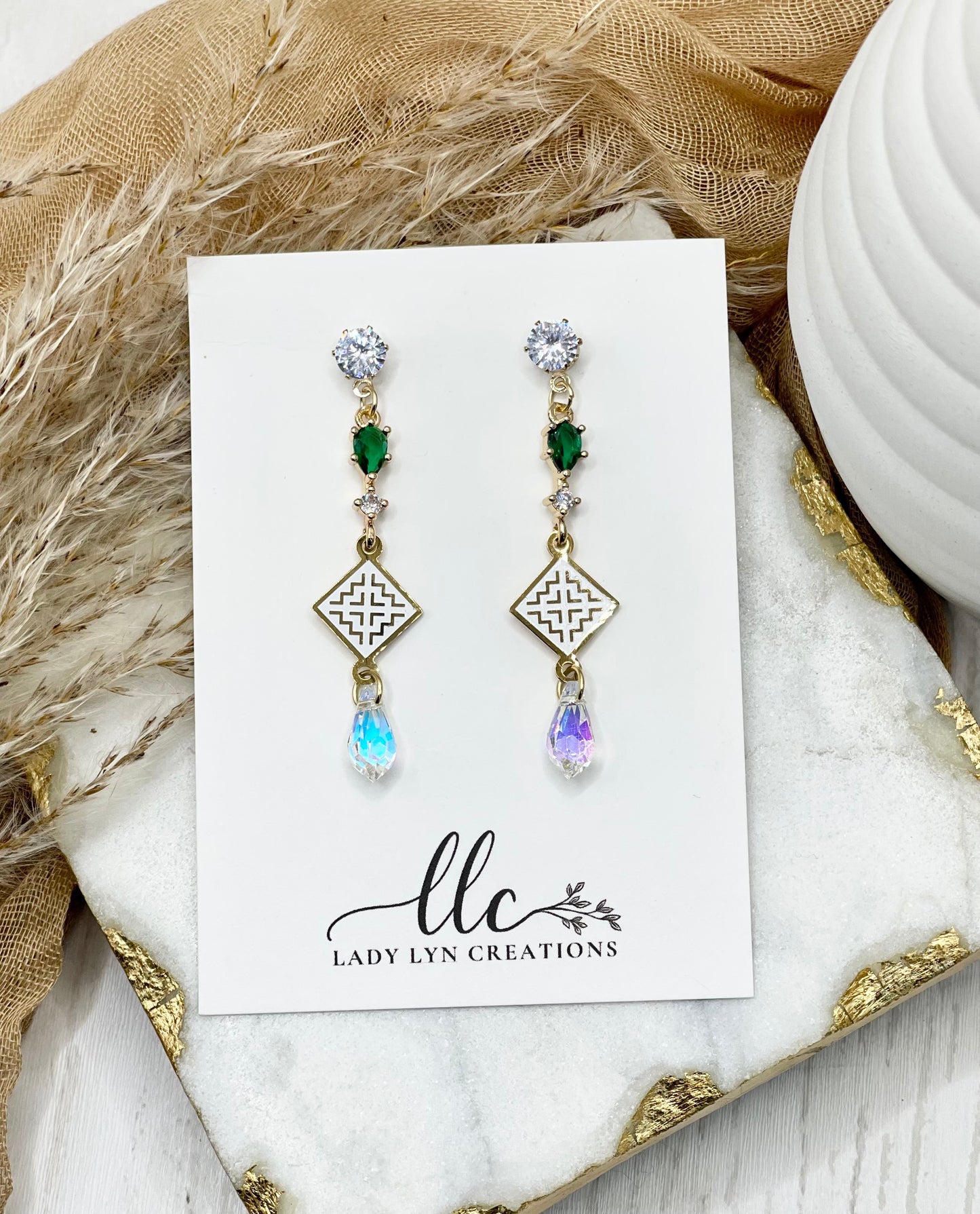 Hmong Gold Tsev Dawb Crystal Drop Earring