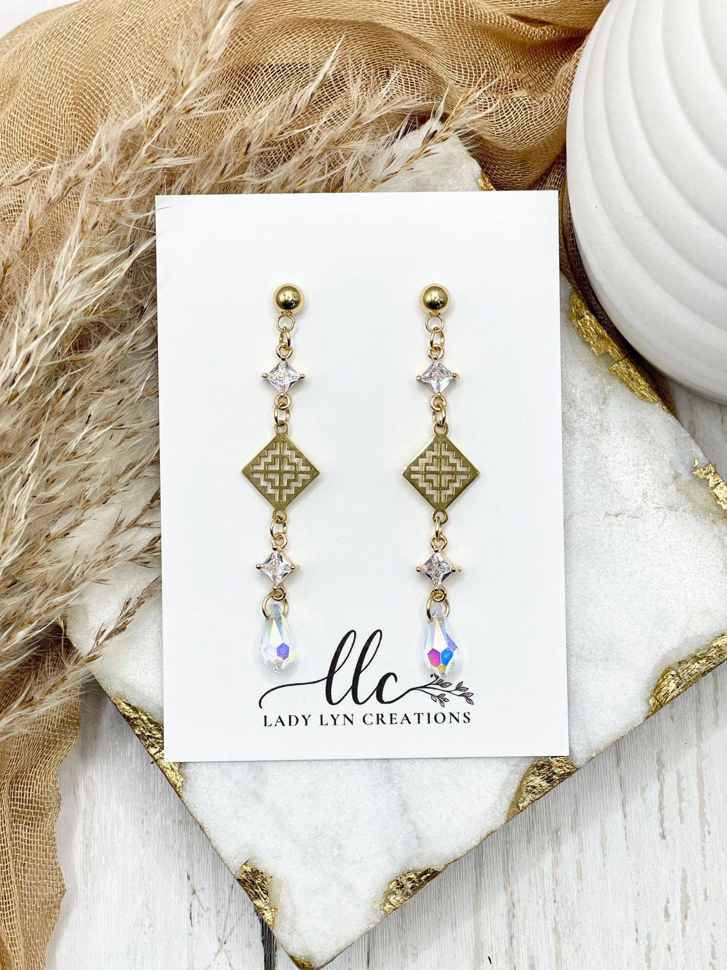 Hmong Gold Tsev Dawb Hollow CZ Crystal Earring