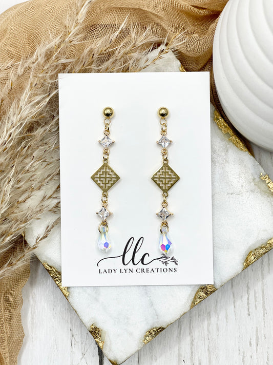 Hmong Gold Tsev Dawb Hollow CZ Crystal Earring