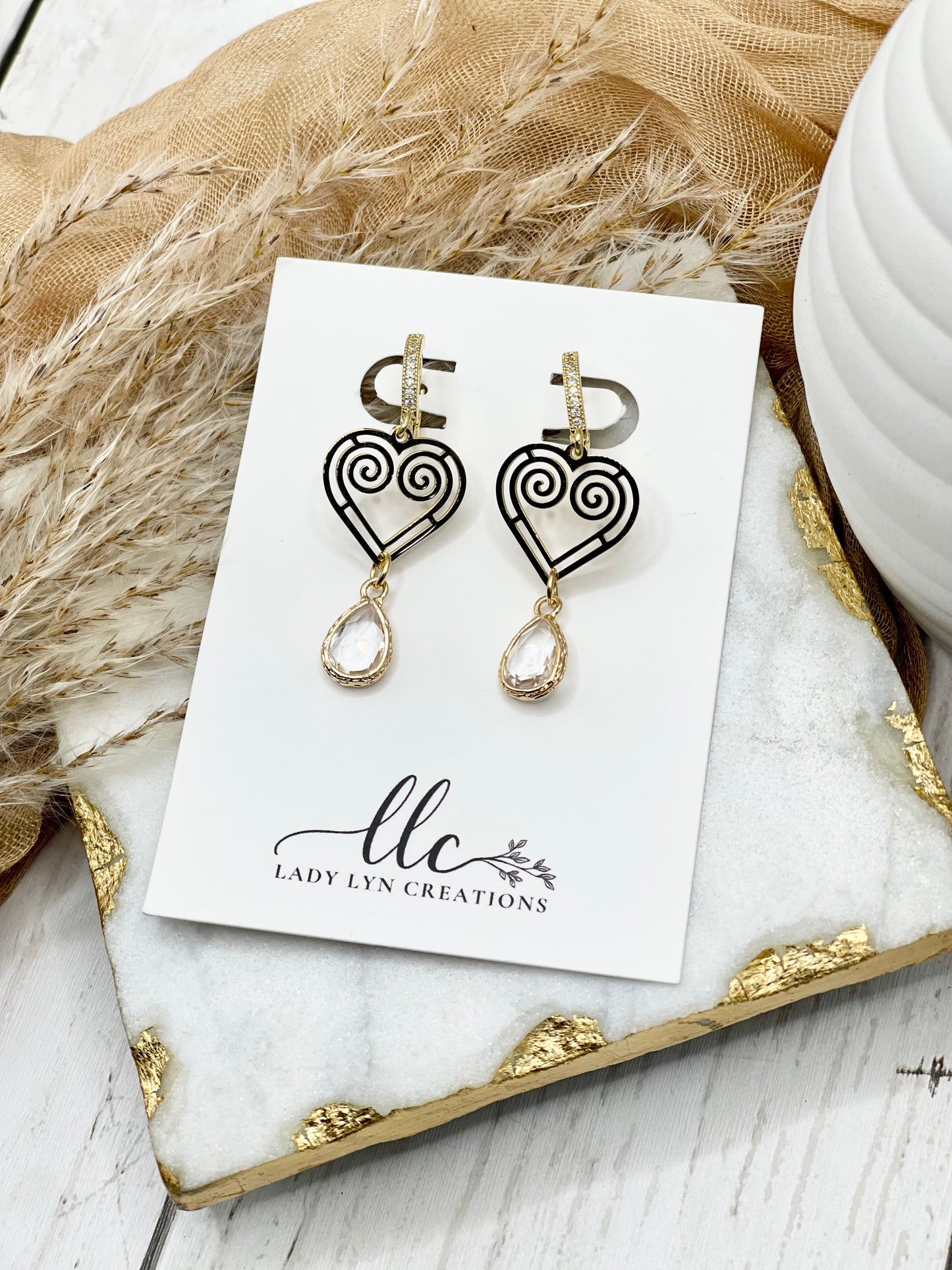 Hmong Gold Hollow Heart Large Teardrop Huggie Earring