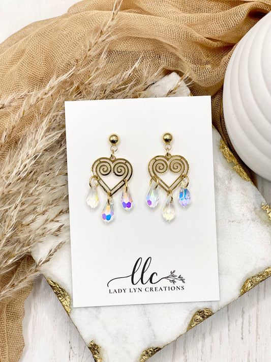 Hmong Gold Hollow Heart 3 Crystals Earring