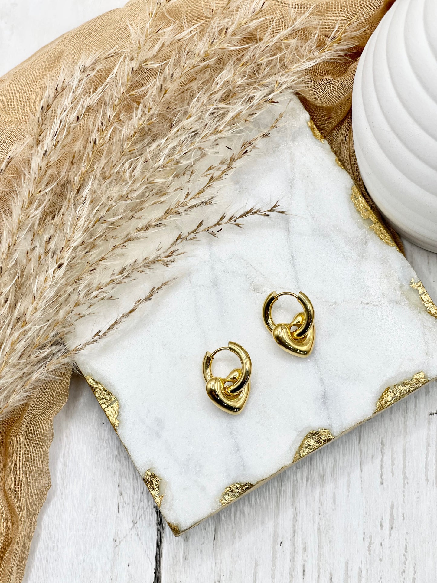 Gold Mini Hoop Heart Drop Earring